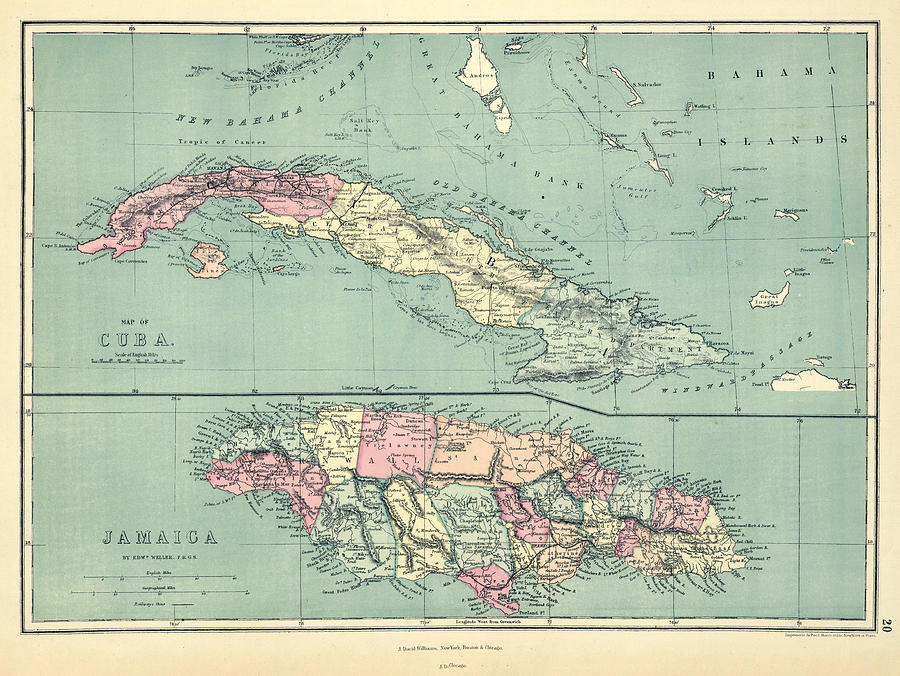 Vintage Cuba and Jamaica Map 1873 Drawing by Adam Shaw