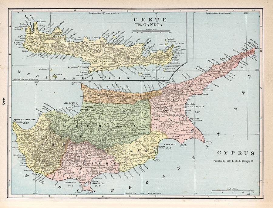 Vintage Cyprus and Crete Map 1901 Drawing by Adam Shaw