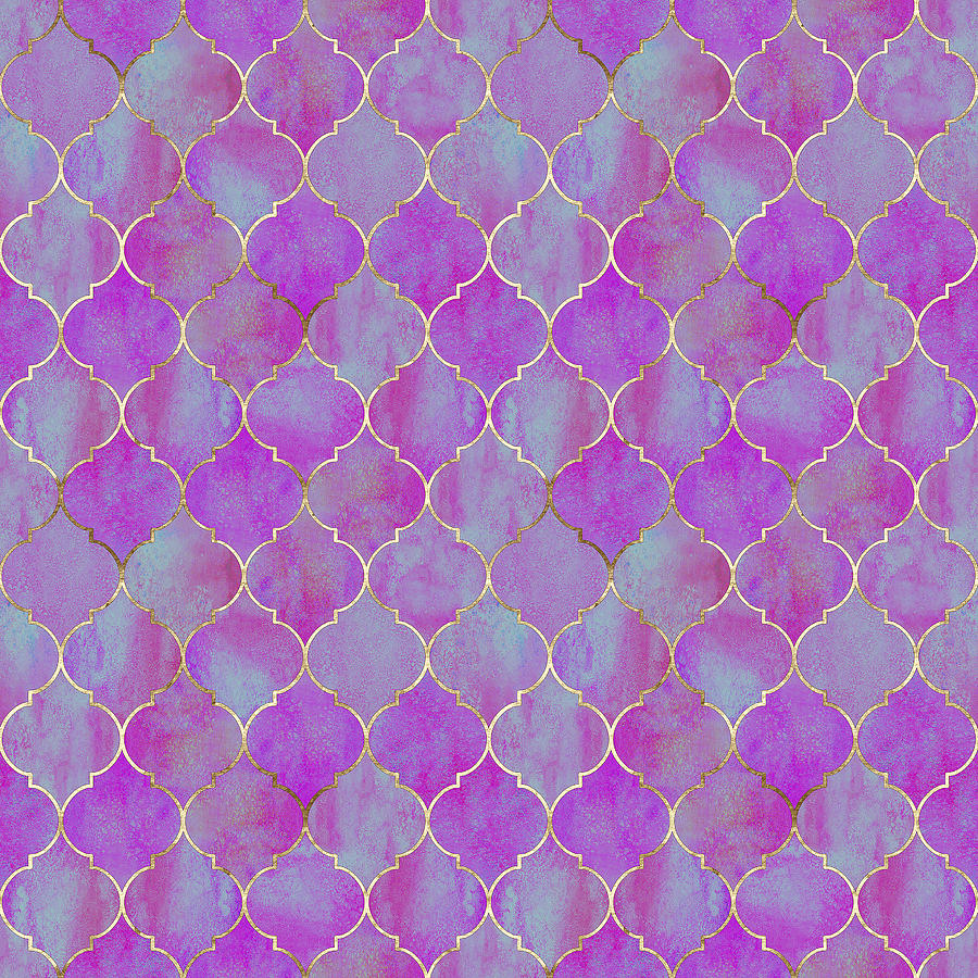 Vintage Drawing - Vintage decorative purple moroccan seamless pattern with gold line by Julien