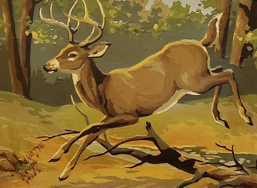 Vintage Deer Numbered 1960s Painting by Bernadette Krupa