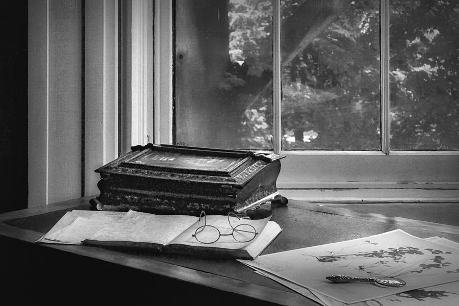 Vintage Desk - Still Life - BW Photograph by Nikolyn McDonald