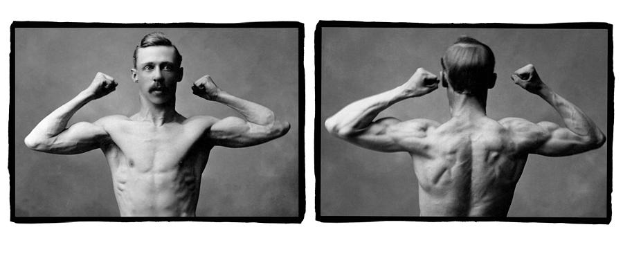 Vintage diptych of man flexing Photograph by Thinkstock Images