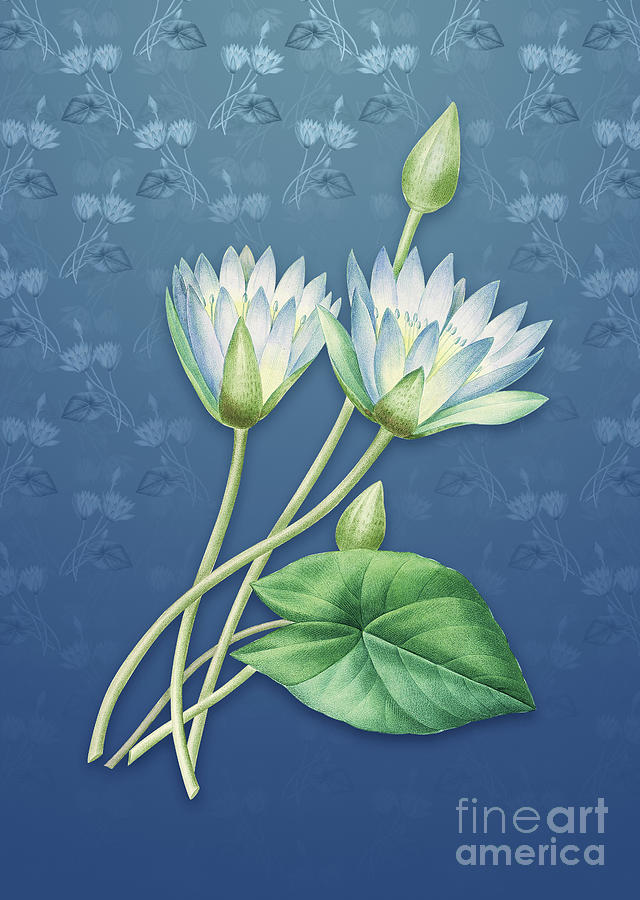 Vintage Egyptian Lotus Botanical Art on Bahama Blue Pattern n.1319 Mixed Media by Holy Rock Design