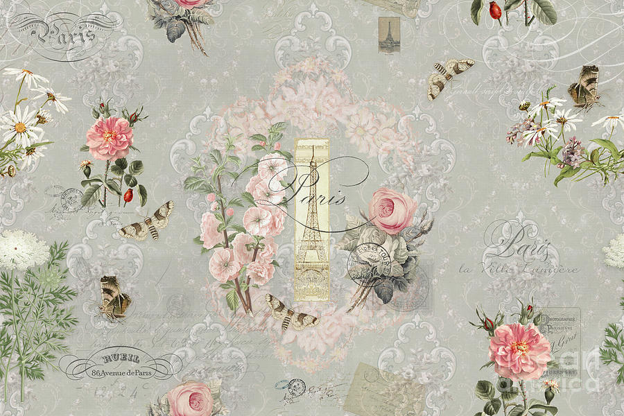 Vintage Eiffel Tower Paris Floral Collage Gray Pink Damask Script Typography Painting by Audrey Jeanne Roberts