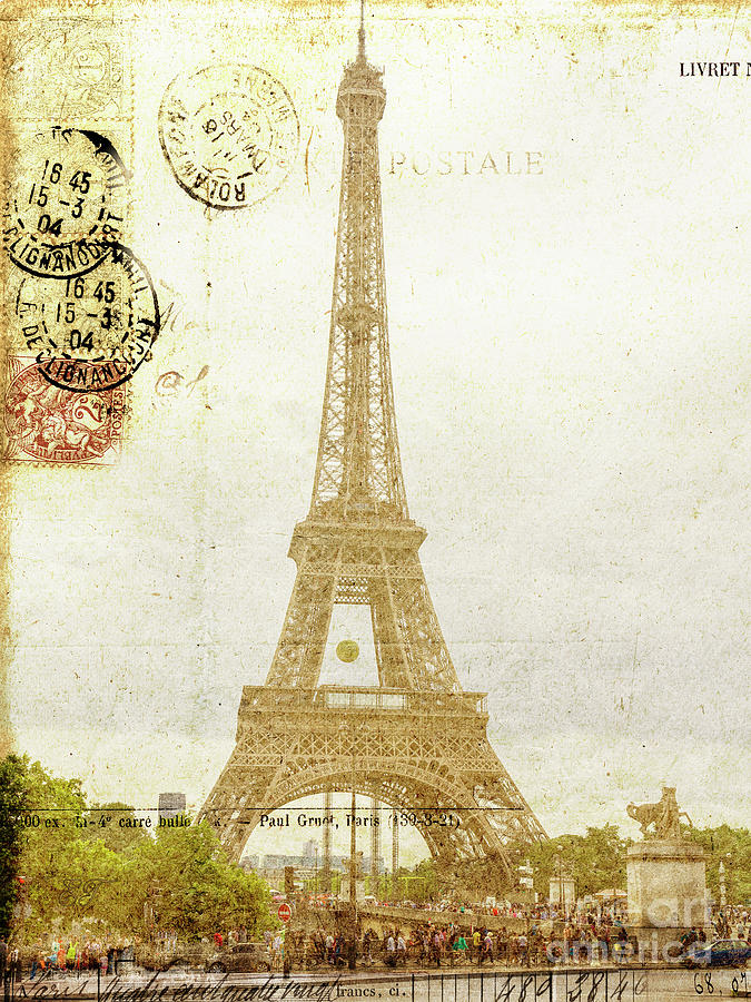 Vintage Eiffel Tower, Paris, France Mixed Media by Elaine Teague