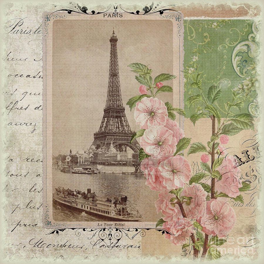 Vintage Ephemera Eiffel Tower Paris France Blush Pink Hollyhock Flowers Script Typography  Painting by Audrey Jeanne Roberts