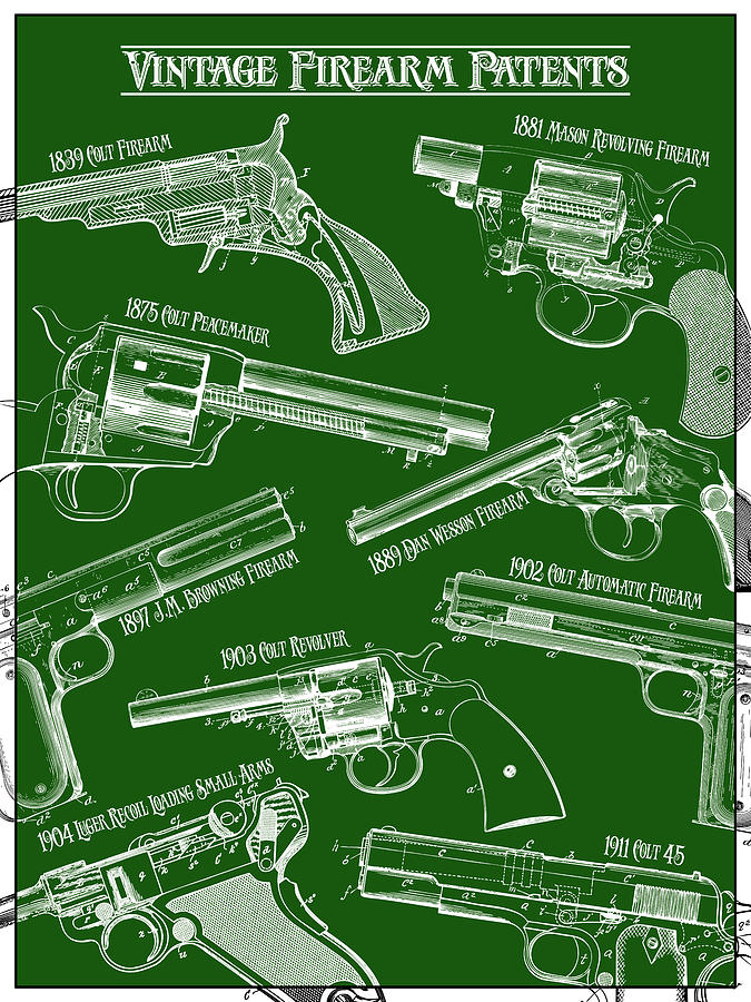 Vintage Firearm Patents Dark Green Print Drawing by Greg Edwards - Fine ...