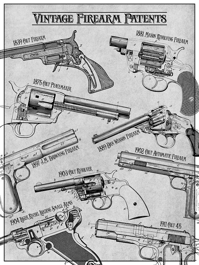 Vintage Firearm Patents Gray Print Drawing by Greg Edwards