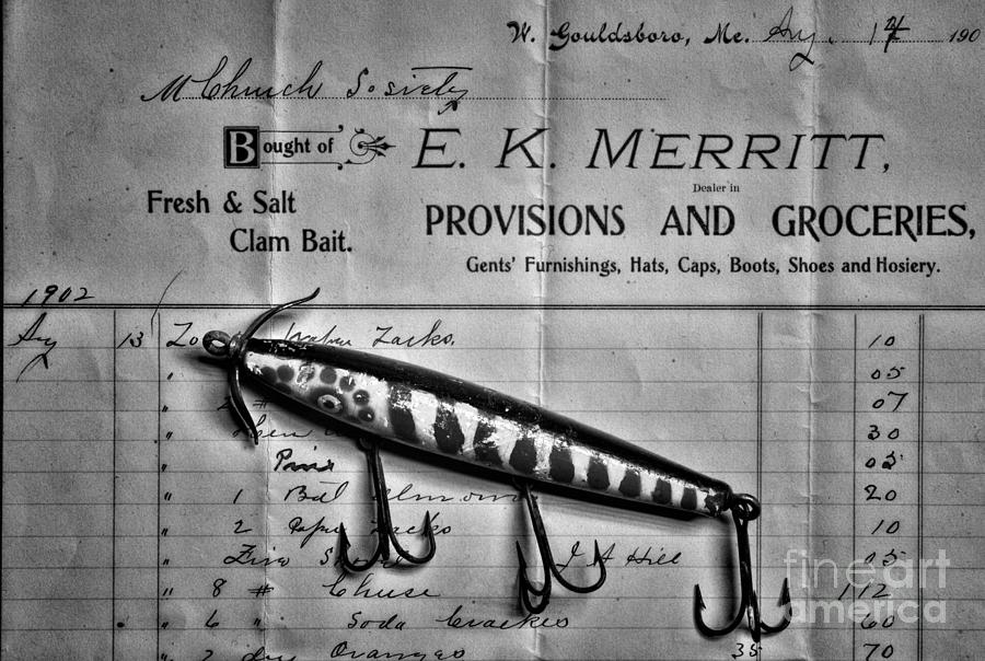 Vintage Fishing Bait Invoice and Lure black and white Photograph by Paul Ward