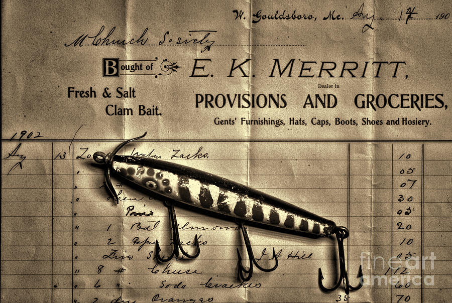 Vintage Fishing Bait Invoice and Lure retro sepia Photograph by Paul Ward