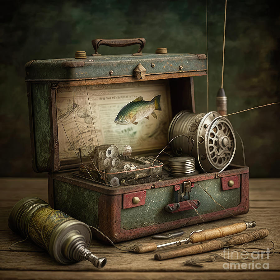 Vintage Fishing Tackle Box on Work Bench Digital Art by Cindy