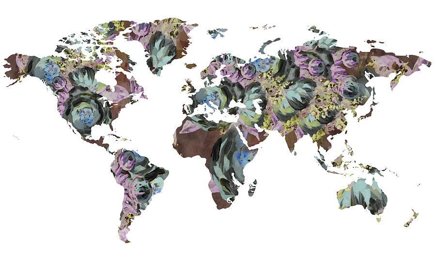 Vintage Floral Strokes World Map Watercolor Silhouette Colorful Png