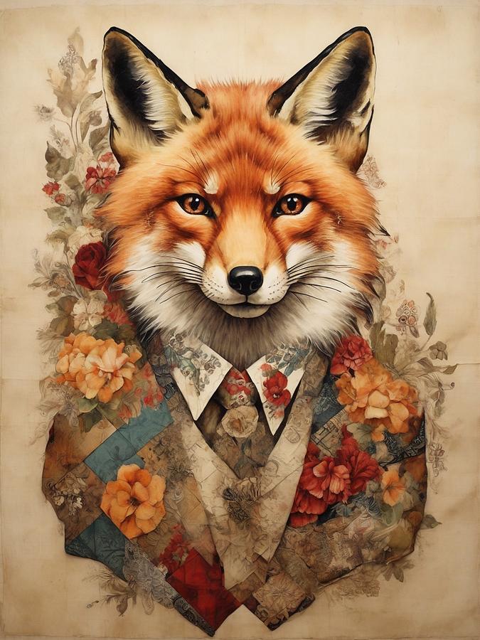 Vintage Fox Portrait Digital Art by Sophia Gaki Artworks