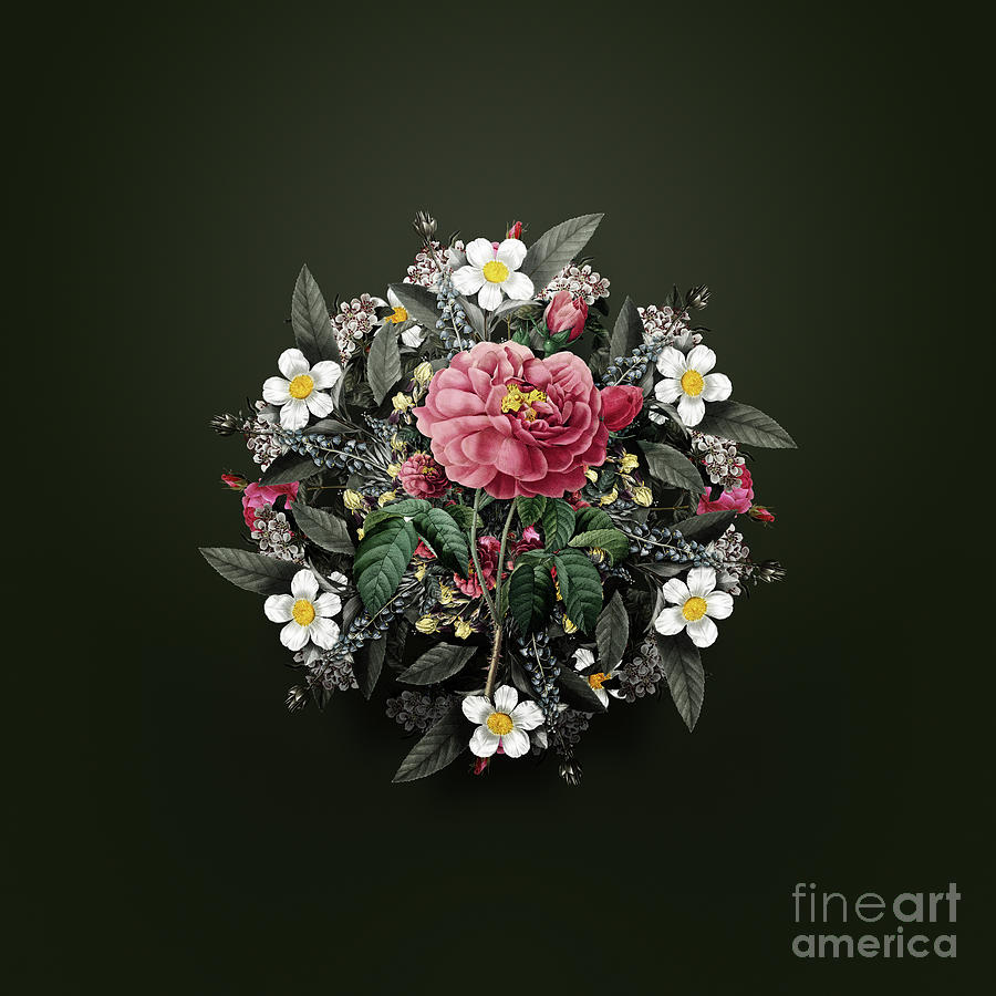 Vintage Painting - Vintage Gallic Rose Flower Wreath on Olive Green n.4569 by Holy Rock Design