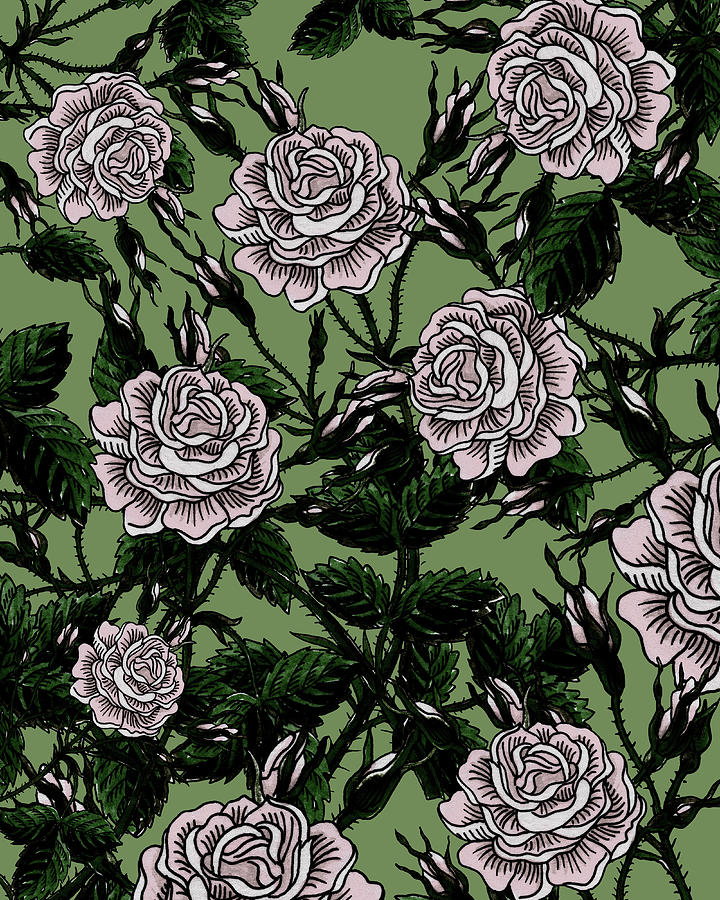 Vintage Garden Rose Flower Watercolor Ink Pattern On Dark Dusty Moss Green Painting
