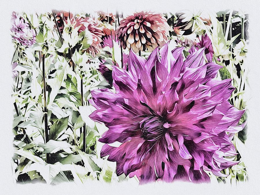 Vintage Garden series - Big Pink Dahlia Mixed Media by Bonnie Bruno