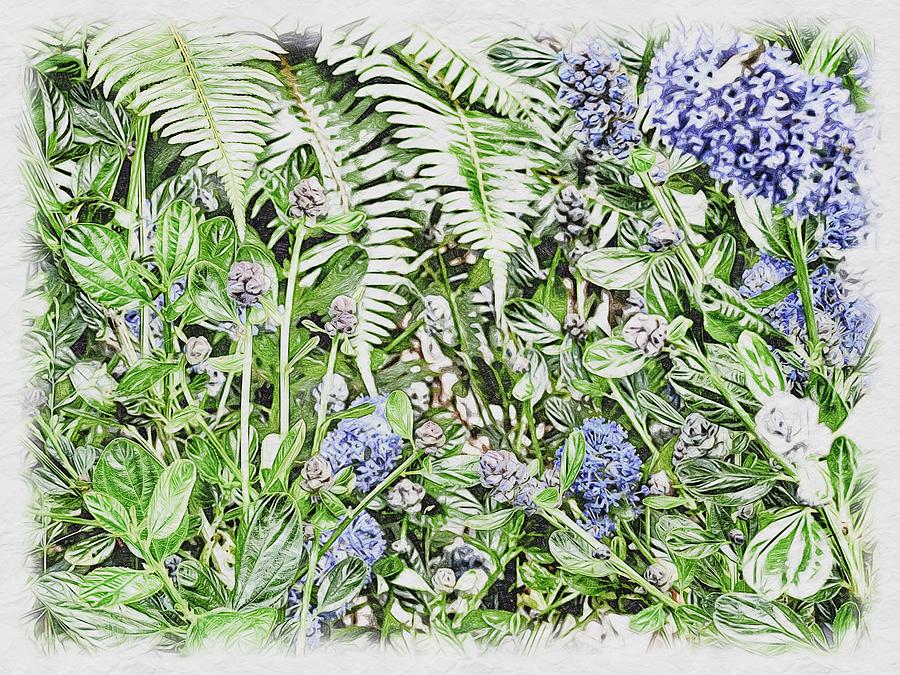 Vintage Garden series - Fern and Blueblossom Mixed Media by Bonnie Bruno