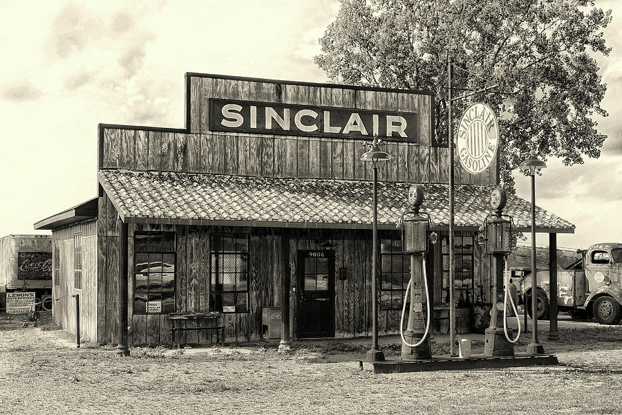 Vintage Gas Station In Black And White Photograph