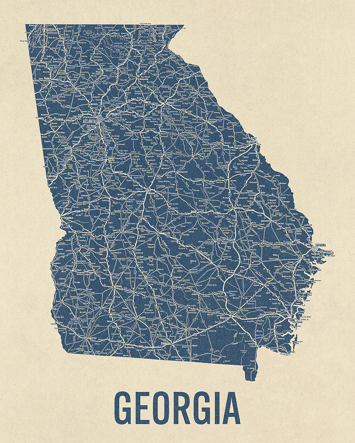 Vintage Georgia Road Map, Blue on Beige #1 Drawing by Blue Monocle