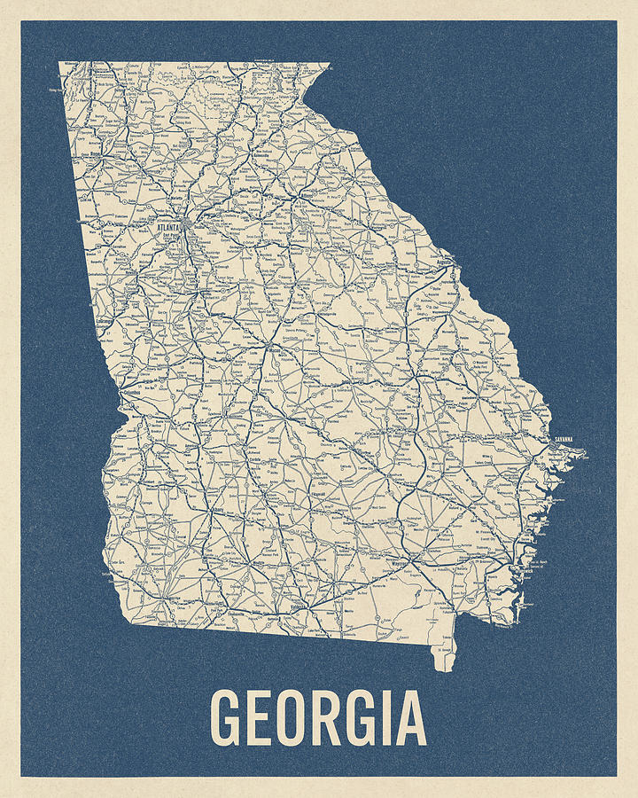 Vintage Georgia Road Map, Blue on Beige #2 Drawing by Blue Monocle