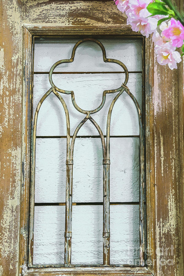 Vintage Gothic Window with grille and pink flowers Photograph by Susan Vineyard