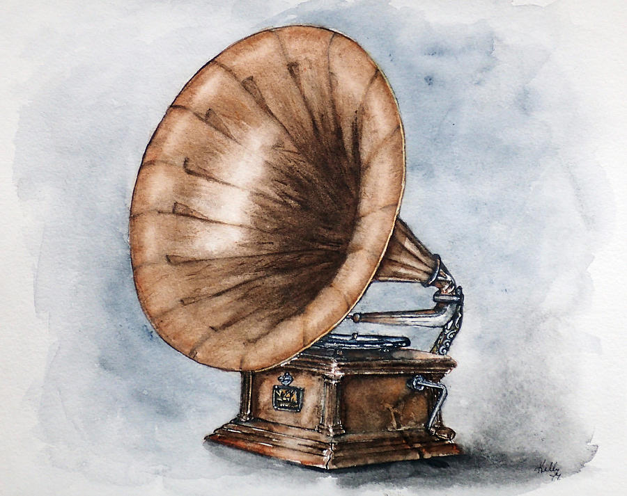 Vintage Gramophone Painting by Kelly Mills