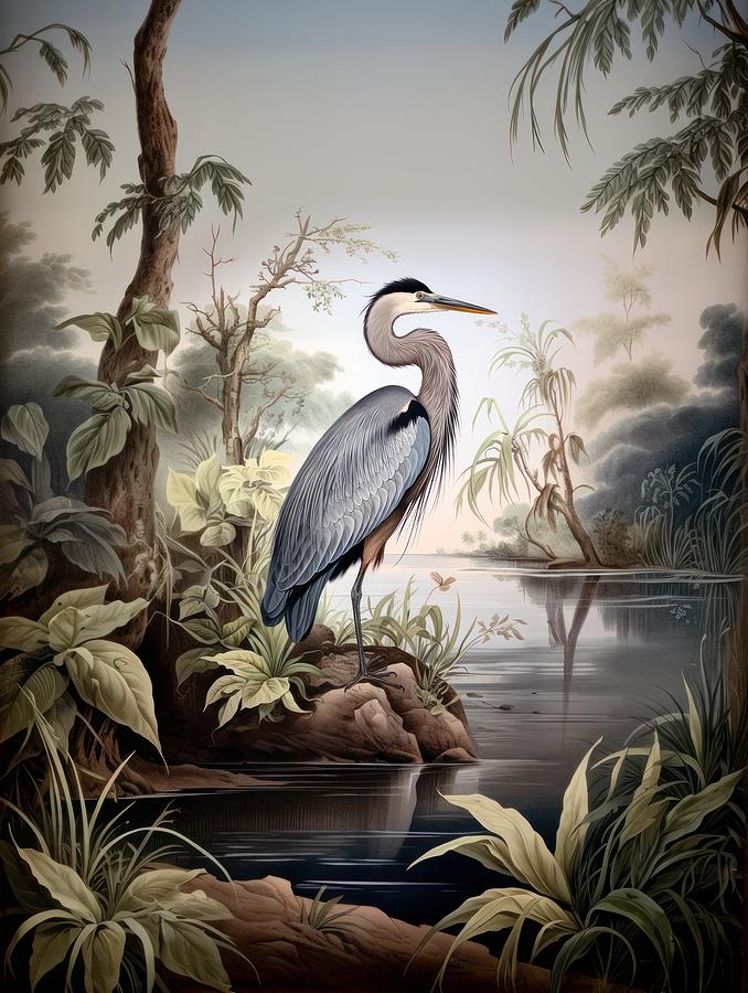 Vintage Great Blue Heron Illustration Painting by Land of Dreams