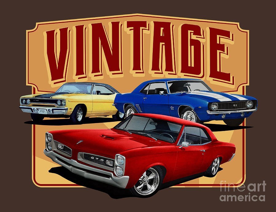 Vintage Drawing - Vintage GTO and Muscle Cars by Paul Kuras