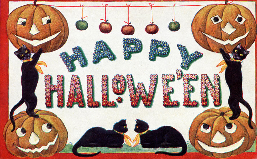 vintage Halloween scene on old postcard Drawing by NNehring