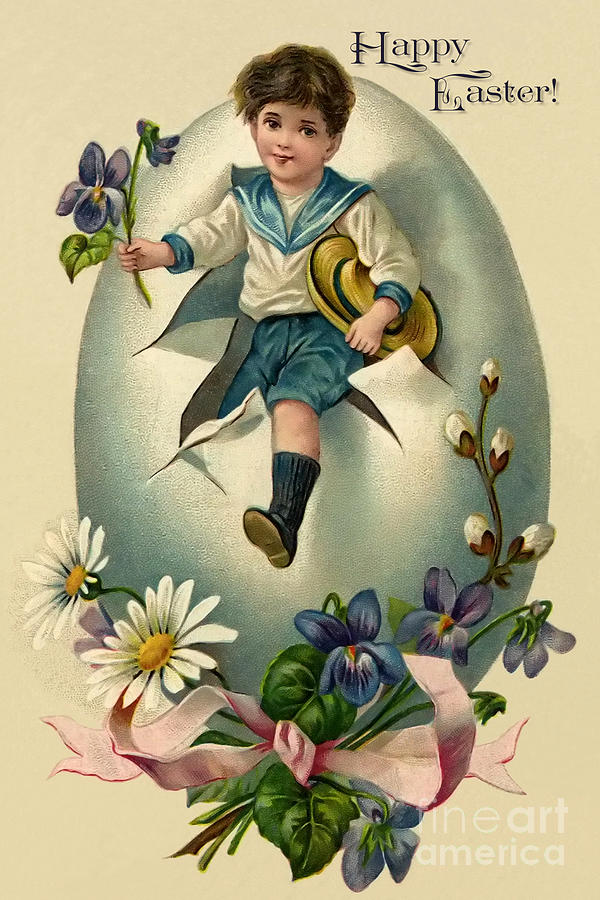 Vintage Happy Easter Sailor Suit Boy Drawing