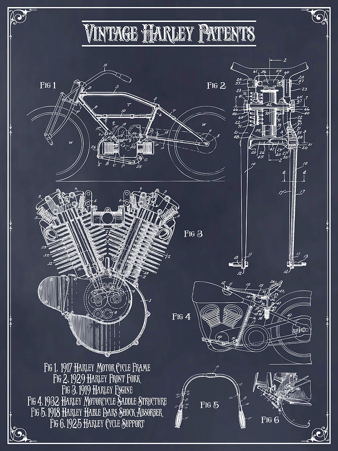 Vintage Harley Patents Print Blackboard Drawing by Greg Edwards