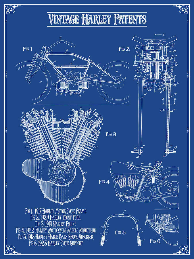 Vintage Harley Patents Print Blue Drawing by Greg Edwards