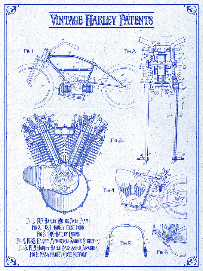Vintage Harley Patents Print Blueprint Drawing by Greg Edwards