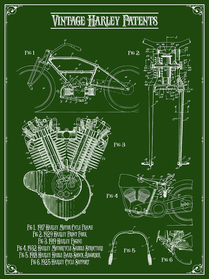 Vintage Harley Patents Print Green Drawing by Greg Edwards