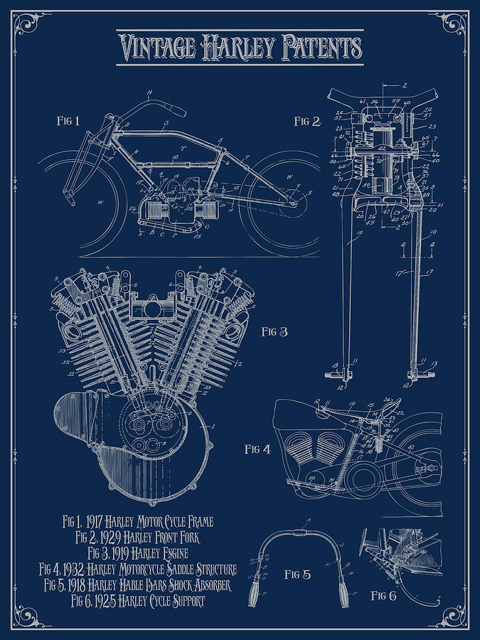 Vintage Harley Patents Print Navy Blue Drawing by Greg Edwards