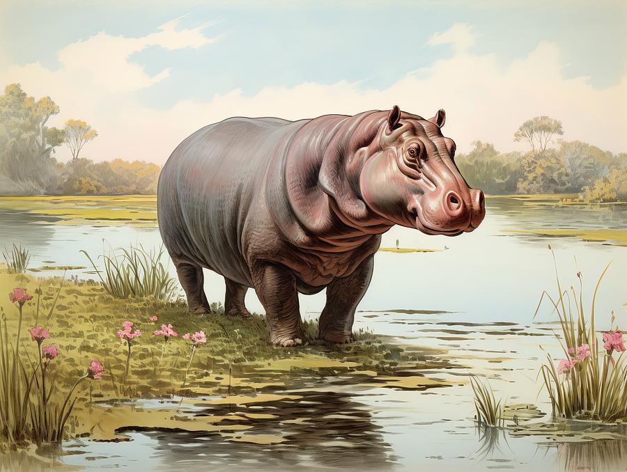 Hippopotamus Painting - Vintage Hippo illustration by Land of Dreams