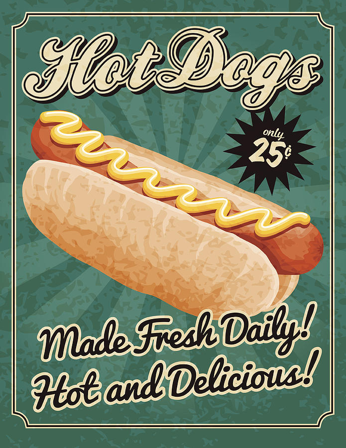 Vintage Hot Dog Poster Drawing by Bortonia