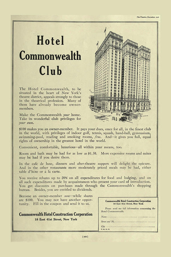 Vintage Hotel Commonwealth NY Ad Drawing by Peggy Collins