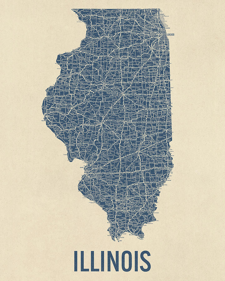 Vintage Illinois Road Map, Blue on Beige #1 Drawing by Blue Monocle