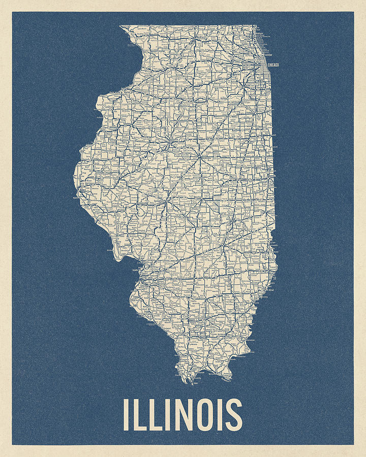 Vintage Illinois Road Map, Blue on Beige #2 Drawing by Blue Monocle
