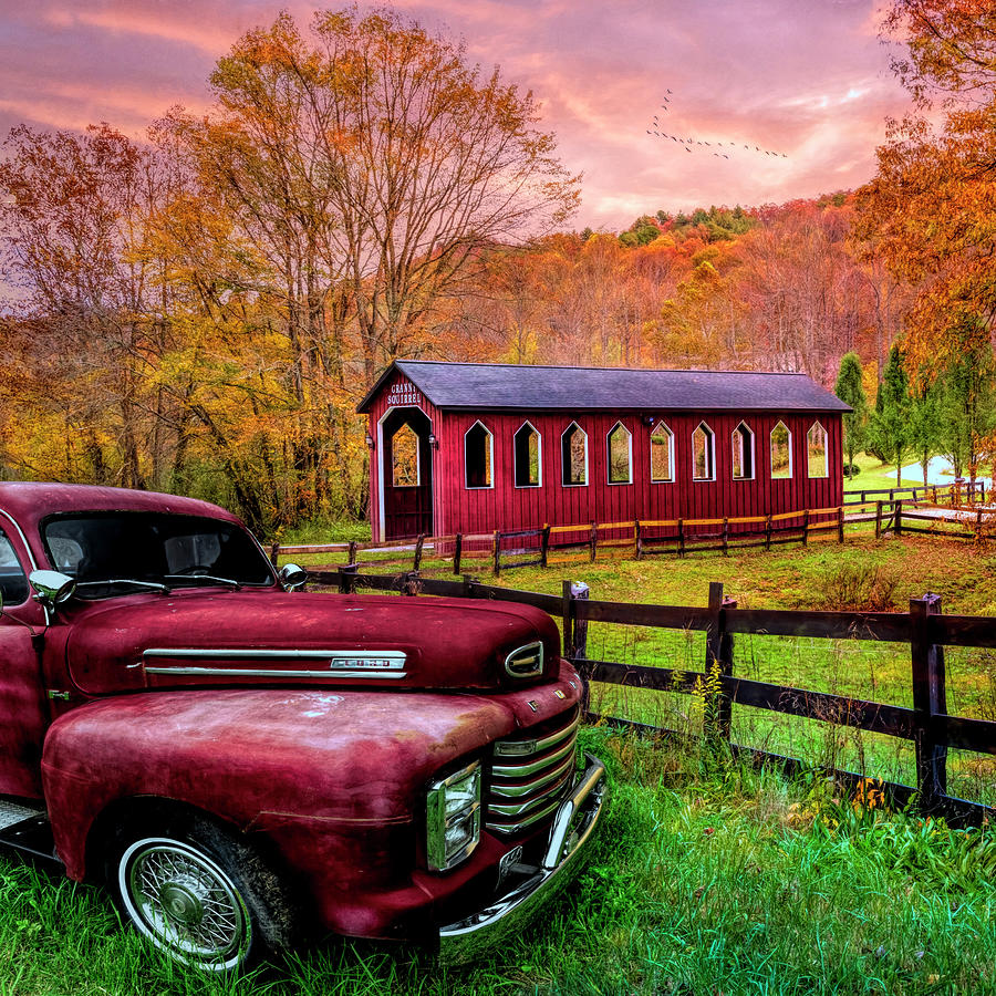 Vintage in the Countryside Red Truck Square Photograph by Debra and Dave Vanderlaan