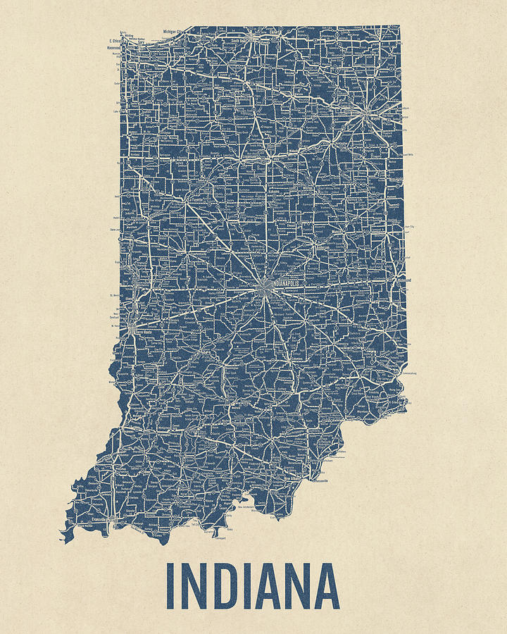 Vintage Indiana Road Map, Blue on Beige #1 Drawing by Blue Monocle