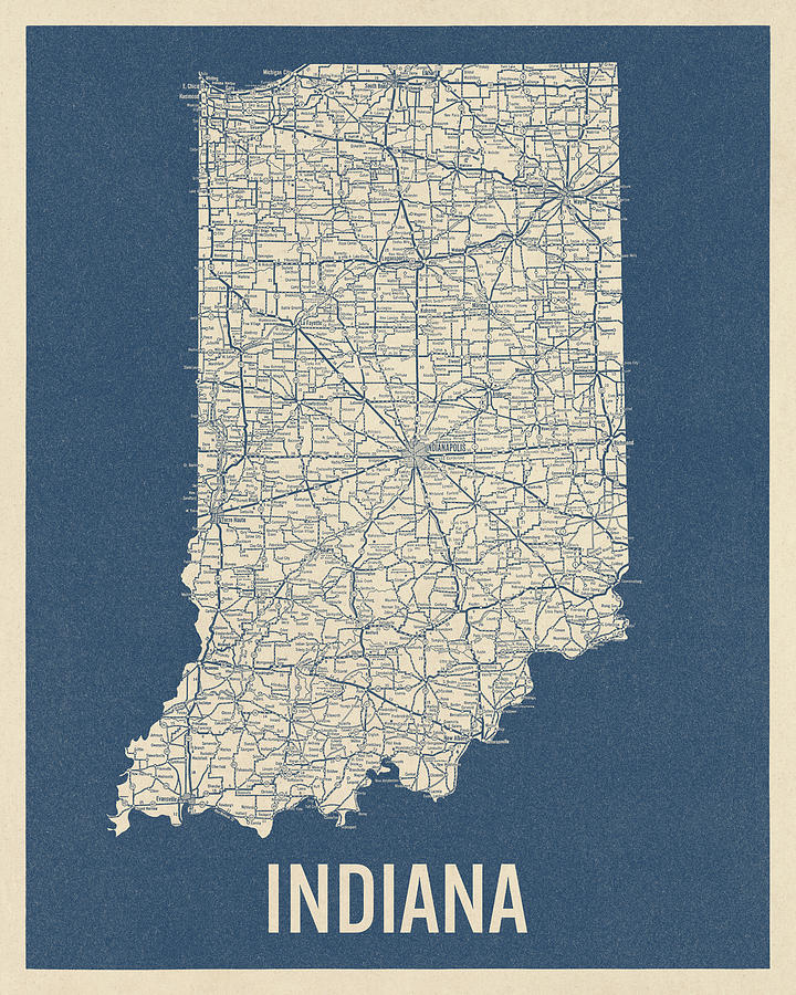 Vintage Indiana Road Map, Blue on Beige #2 Drawing by Blue Monocle