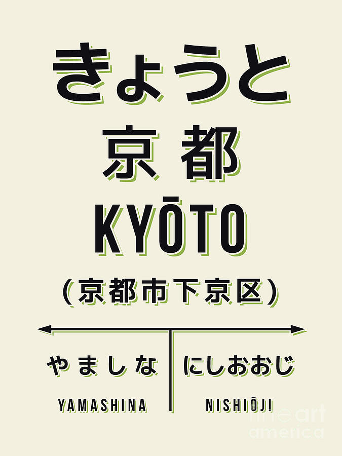 Typography Digital Art - Vintage Japan Train Station Sign - Kyoto Cream by Organic Synthesis