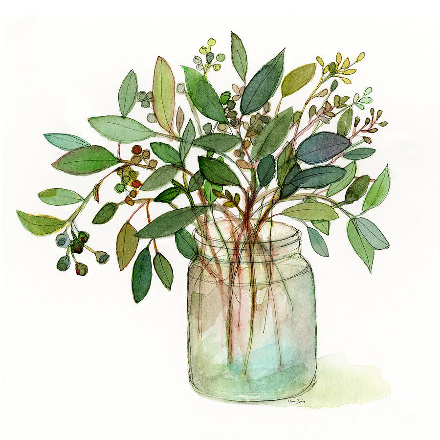 Vintage jar with greenery Painting by Sue Zipkin