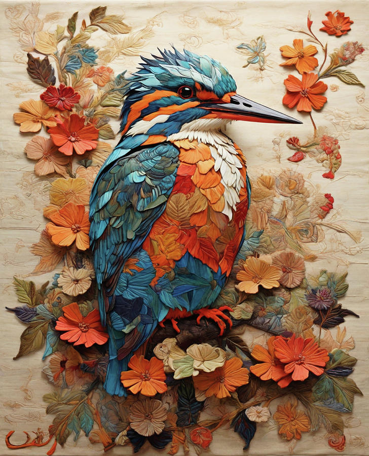 Vintage Kingfisher Portrait Digital Art by Sophia Gaki Artworks