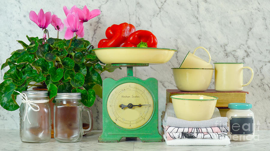 Vintage Photograph - Vintage kitchen scale decor with farmhouse style kitchenware. by Milleflore Images