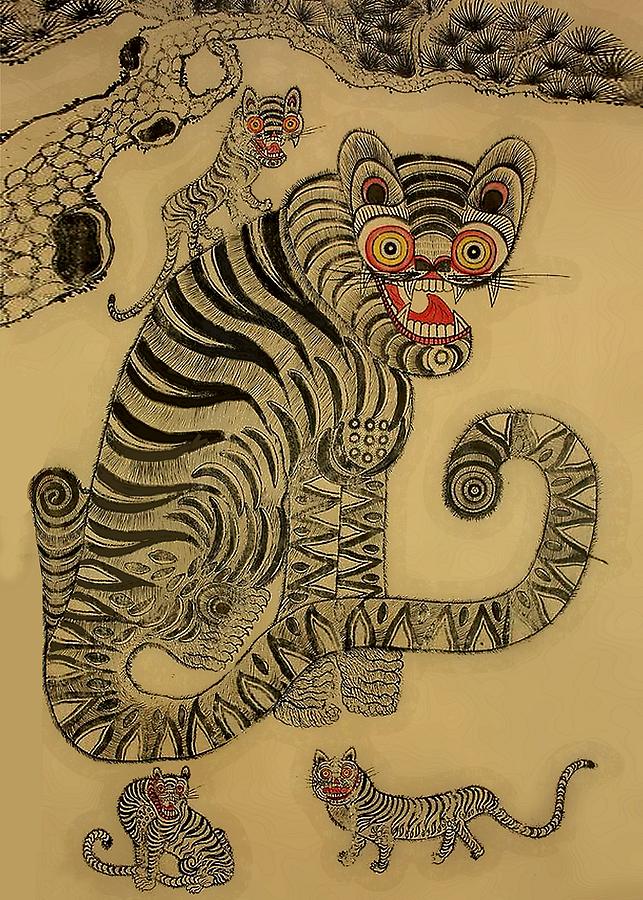 Vintage Korean Tiger Minhwa Hanging Scroll Digital Art by Patricia ...