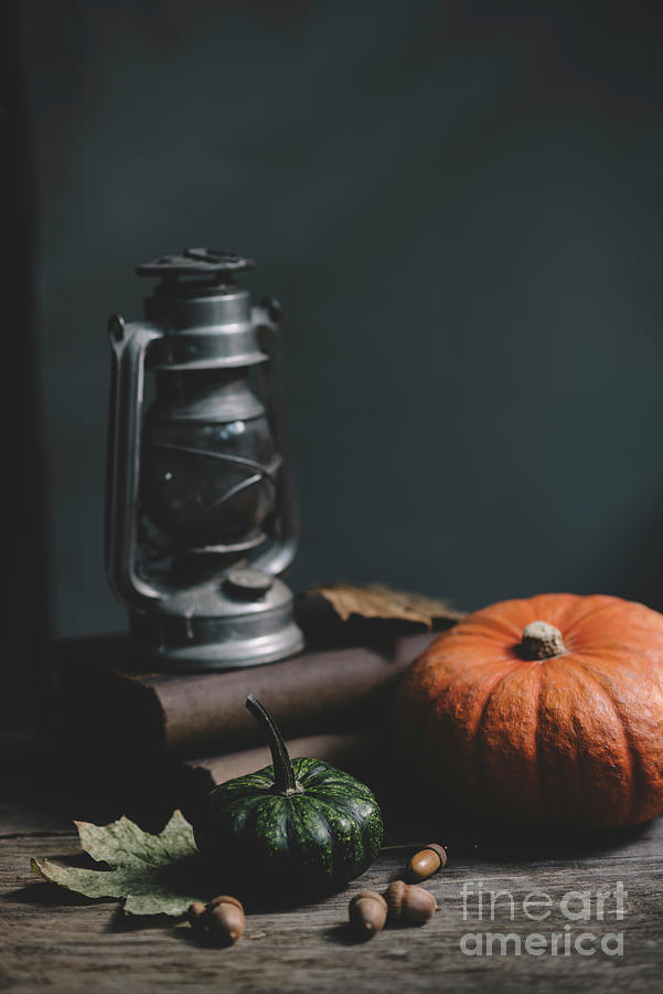 Halloween Photograph - Vintage lantern and pumpkin still life by Jelena Jovanovic