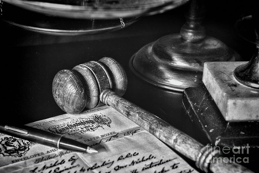 Vintage Lawyer Letter And Gavel Black And White Photograph By Paul Ward